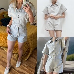 Zara shimmer short denim romper jumpsuit blogger fave s cotton gray